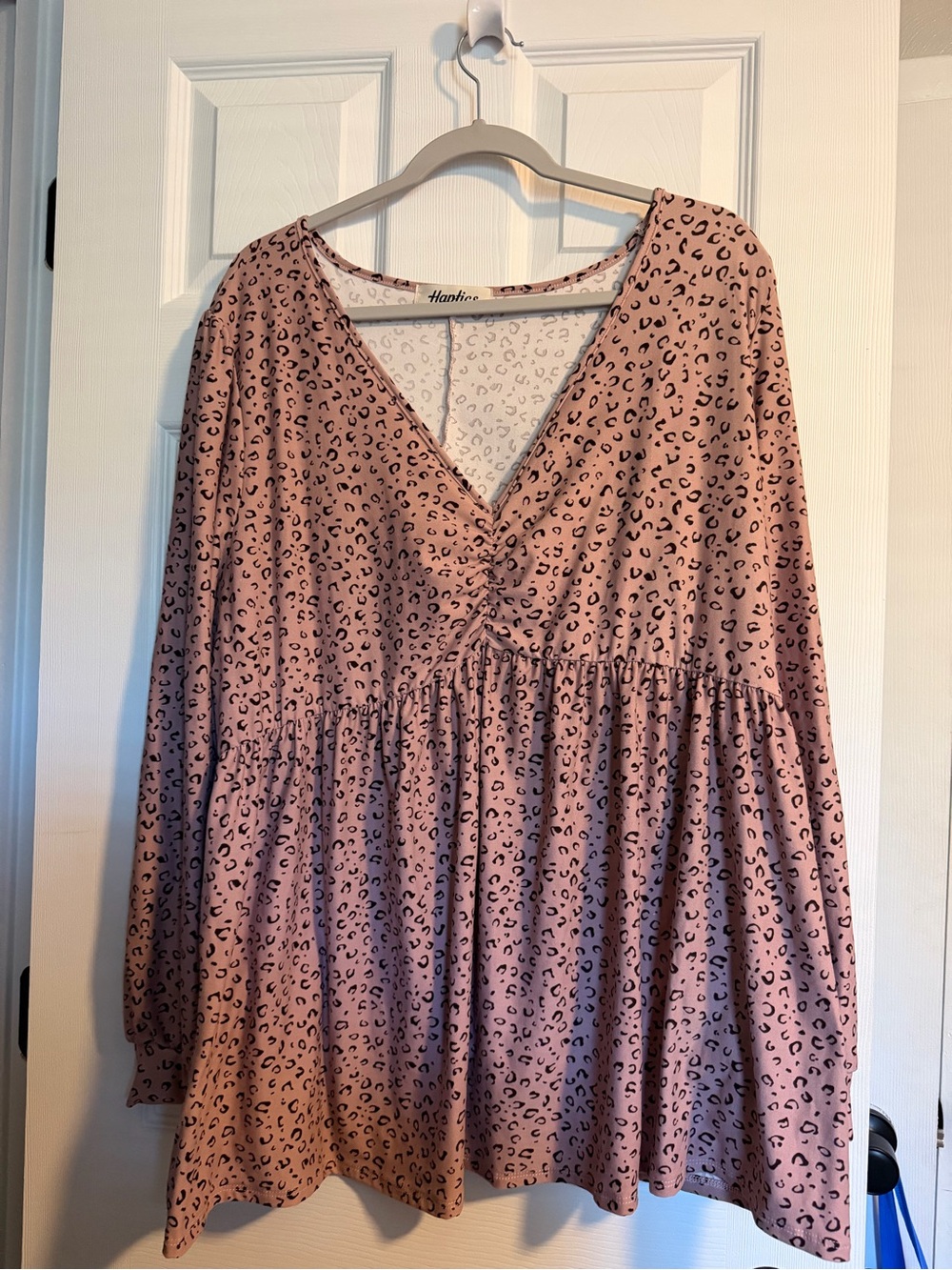 Plus Pink Leopard-Print Long Sleeve V-Neck Babydoll Top